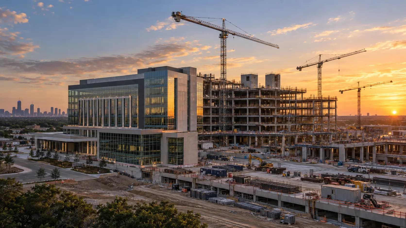 Large construction site with tower cranes at sunset