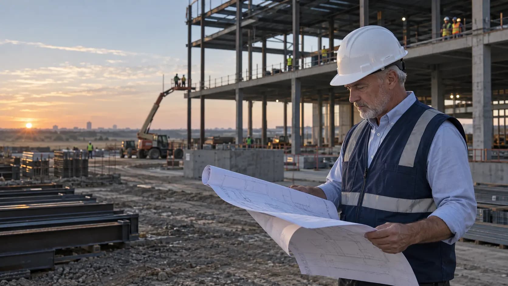 Construction professional in a hard hat reviewing drawings on an active building site