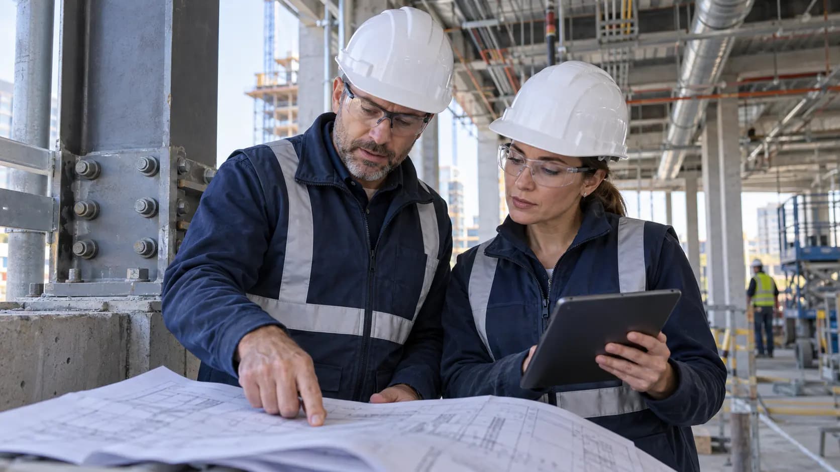 Two construction professionals in hard hats reviewing information on a tablet
